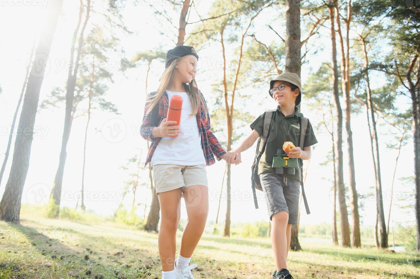 Little boy and girl go hiking on a forest road photo