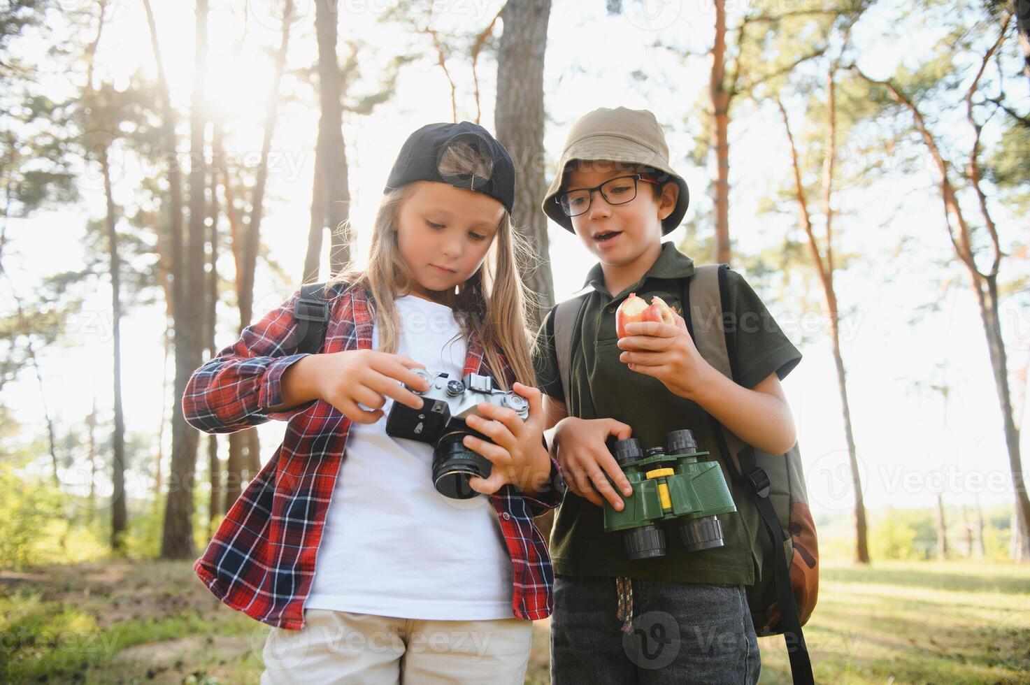 Little boy and girl go hiking on a forest road photo