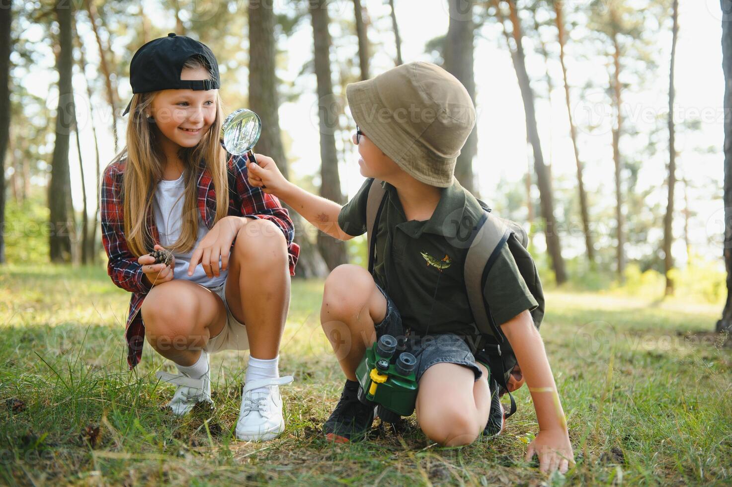 kids in green forest playing,concept of kids vacations and travel photo