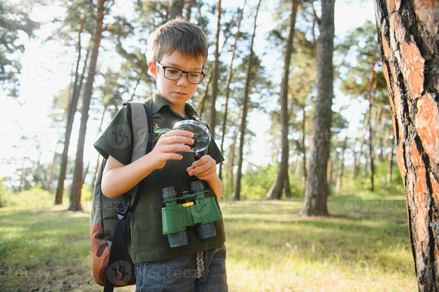 schoolboy is exploring nature with magnifying glass. Little child is looking on leaf of fern with magnifier. Summer vacation for inquisitive kids in forest. Hiking. Boy-scout. photo