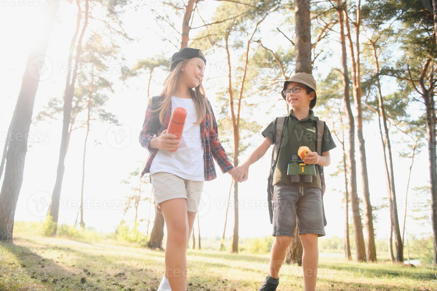 Happy excited school children with backpacks in casual clothes enjoying walk in forest on sunny autumn day, two active kids boy and girl running and playing together during camping trip in nature. photo