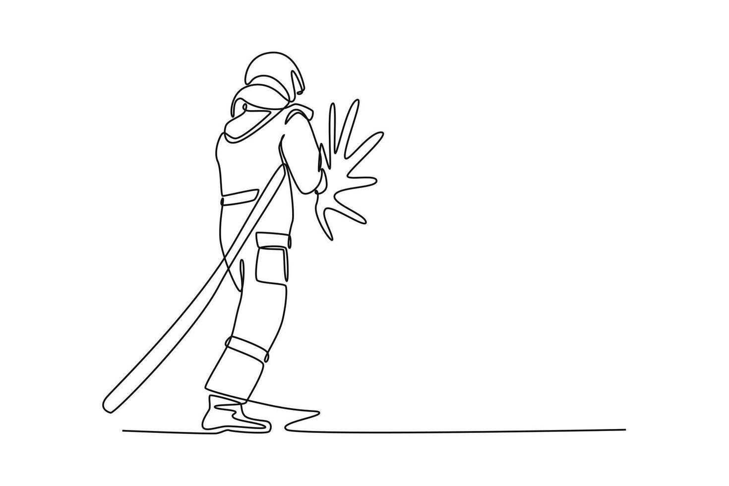 Firefighters with firefighting equipment concept. Single line draw design graphic illustration. vector