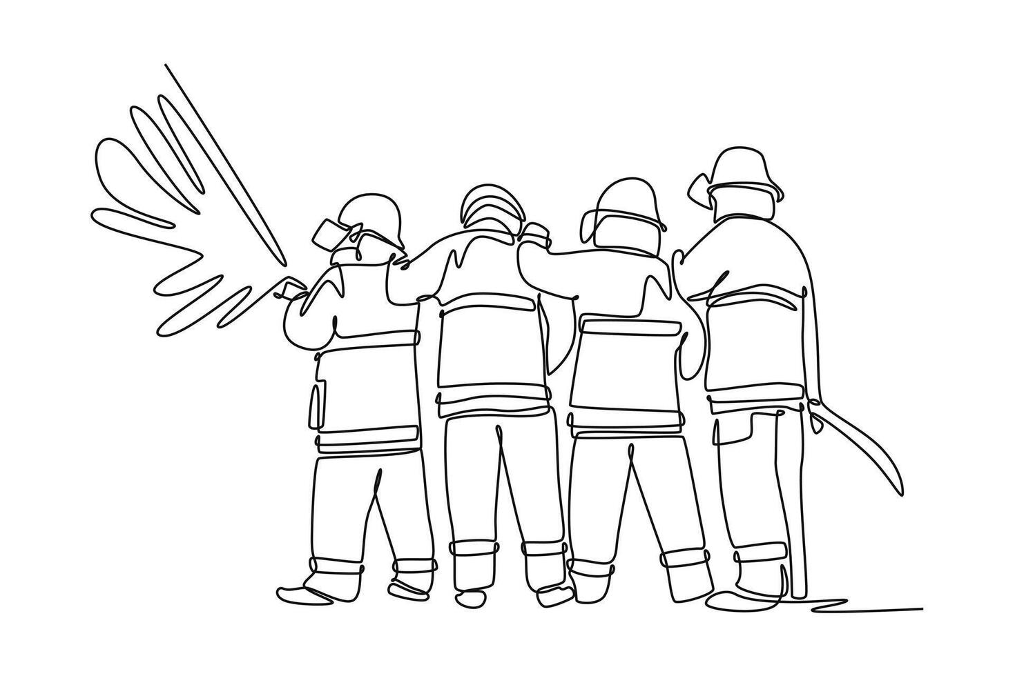 Firefighters with firefighting equipment concept. Single line draw design graphic illustration. vector