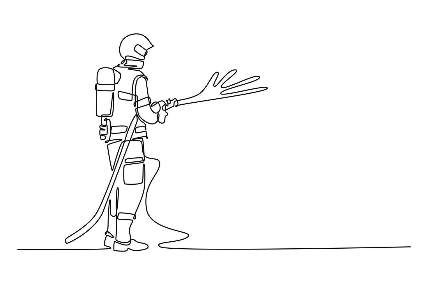 Firefighters with firefighting equipment concept. Single line draw design graphic illustration. vector