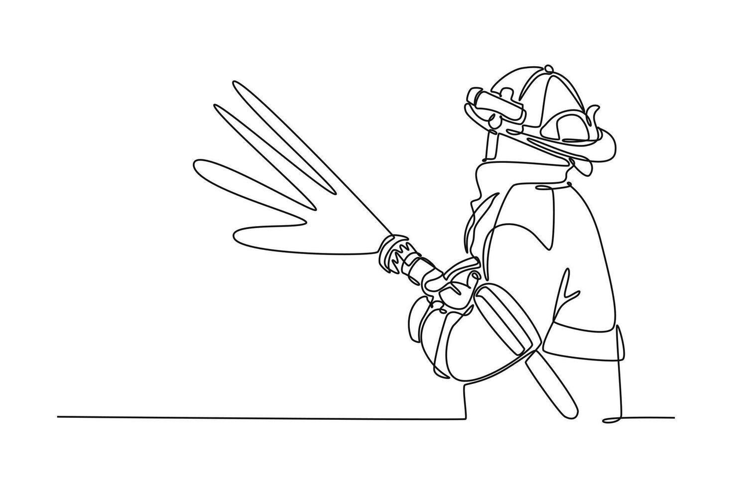 Firefighters with firefighting equipment concept. Single line draw design graphic illustration. vector