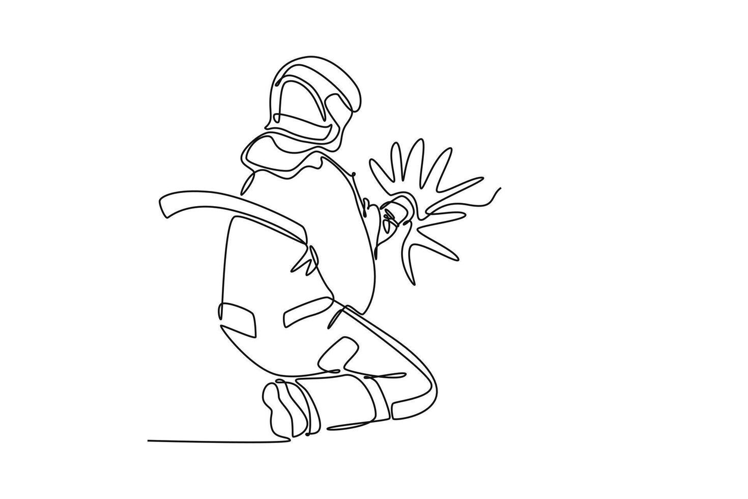 Firefighters with firefighting equipment concept. Single line draw design graphic illustration. vector