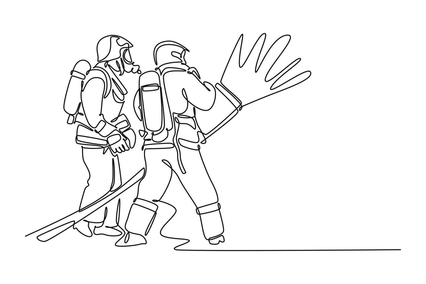 Firefighters with firefighting equipment concept. Single line draw design graphic illustration. vector