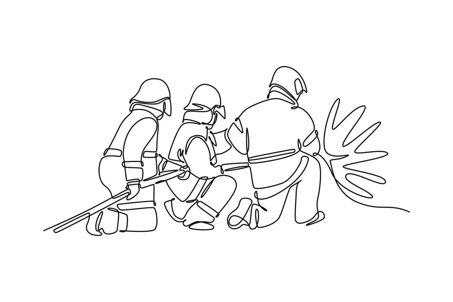 Firefighters with firefighting equipment concept. Single line draw design graphic illustration. vector