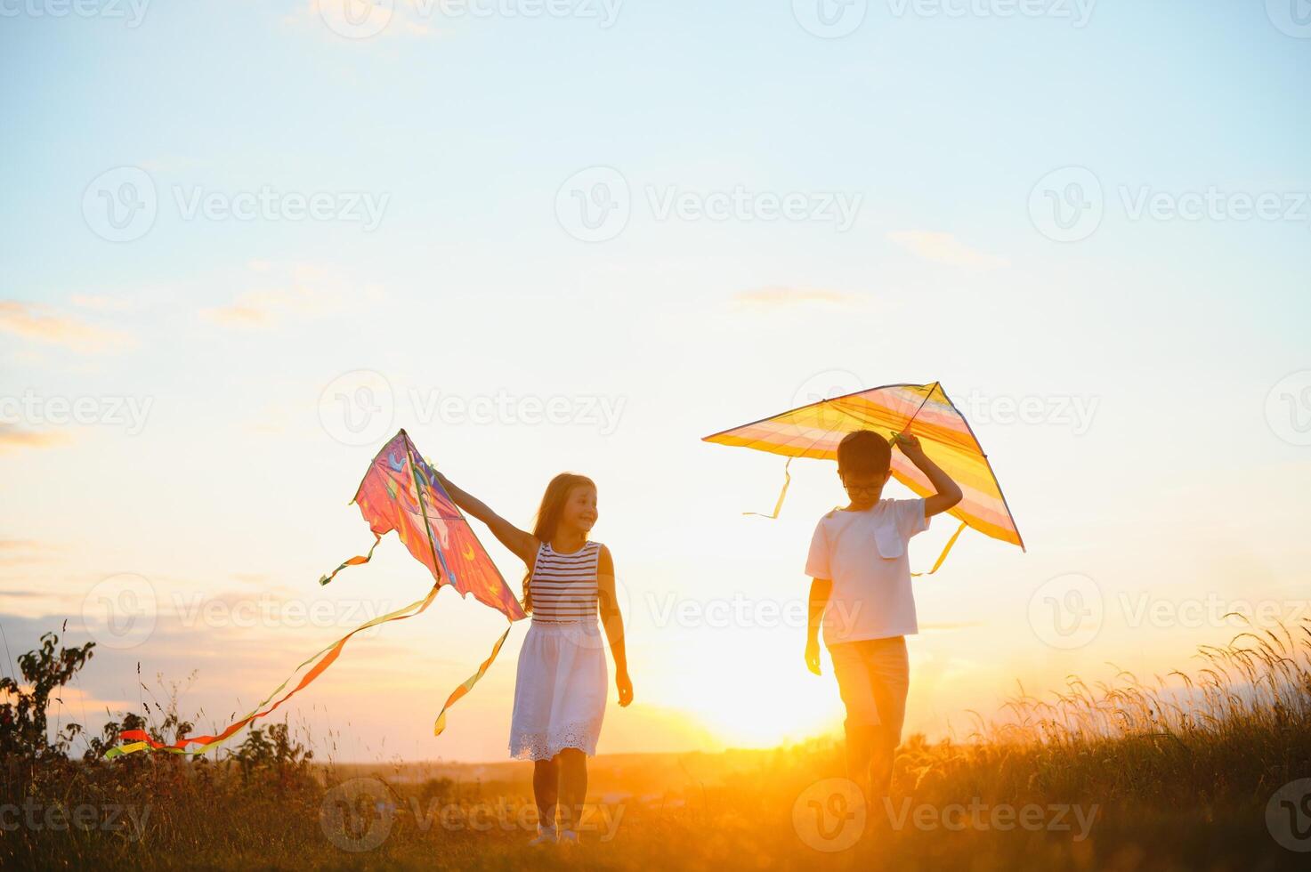 Brother and sister playing with kite and plane at the field on the sunset. photo