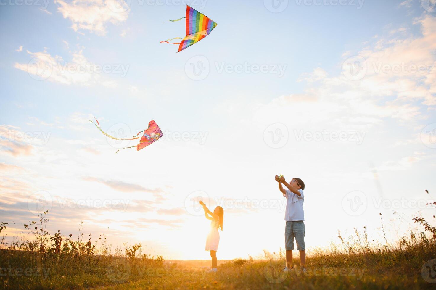 Happy children launch a kite in the field at sunset. Little boy and girl on summer vacation. photo