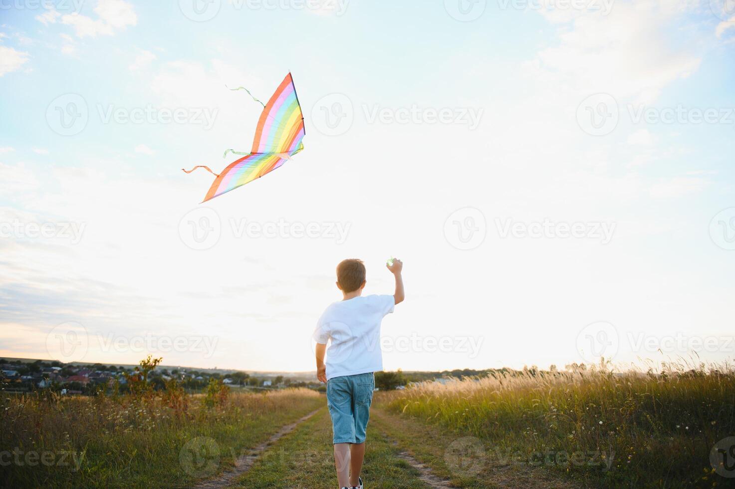 Children launch a kite in the field at sunset. photo