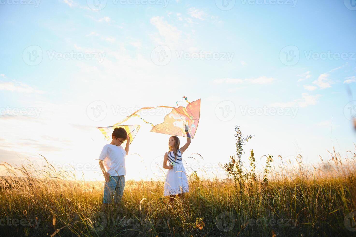 Brother and sister playing with kite and plane at the field on the sunset. photo