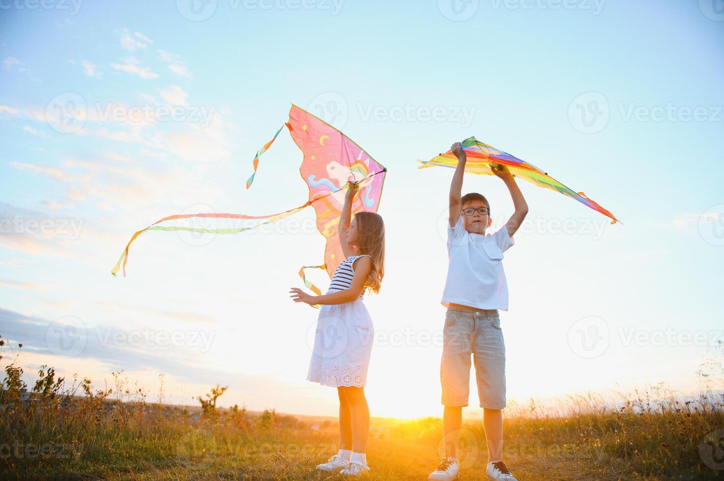 Brother and sister playing with kite and plane at the field on the sunset. photo
