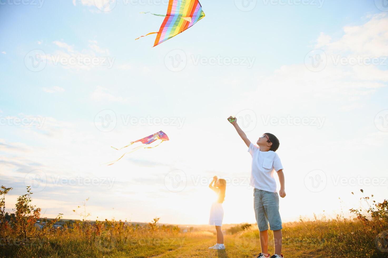 Happy children launch a kite in the field at sunset. Little boy and girl on summer vacation. photo