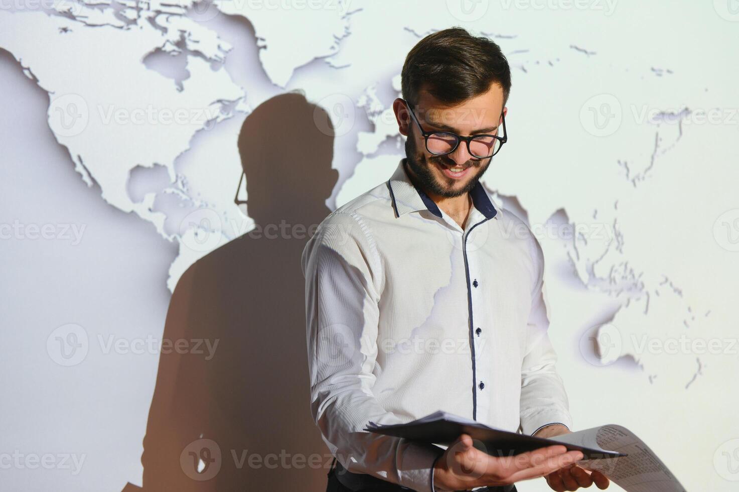 International business concept with businessman on background with network on map. photo