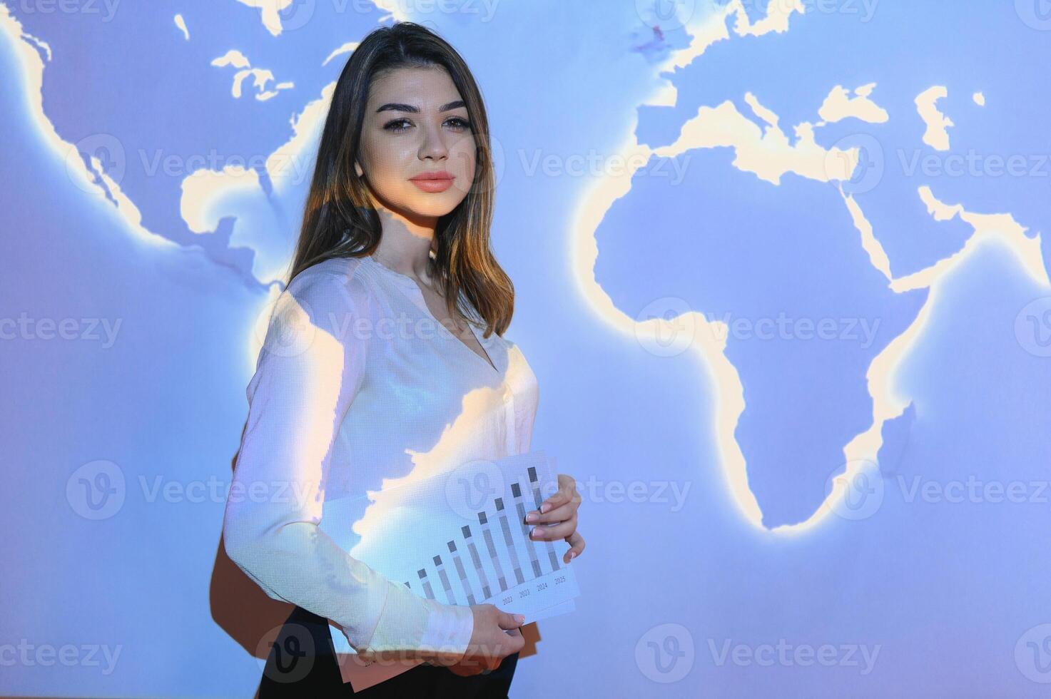 Globe business concept - happy business woman with world map background. photo