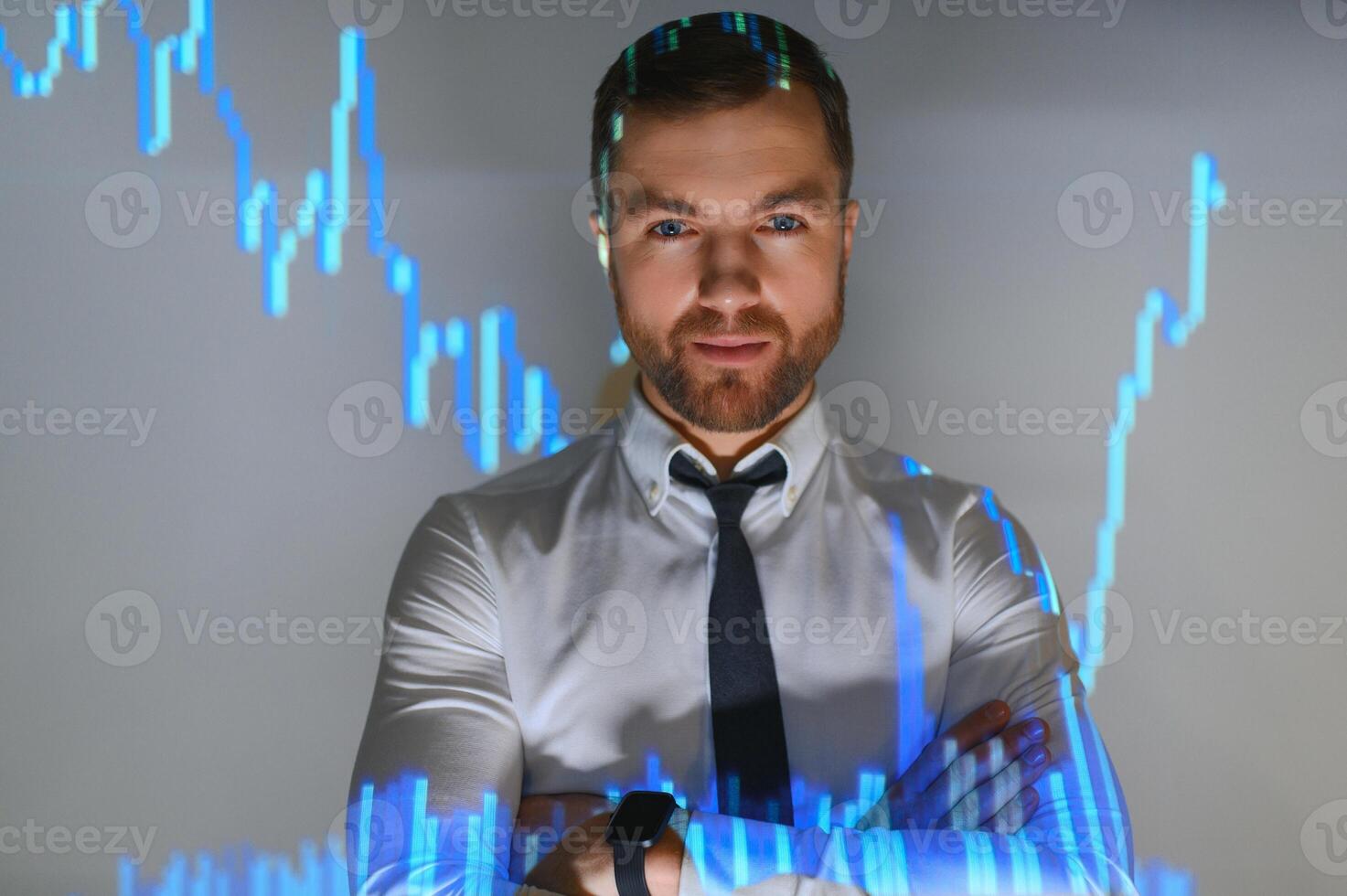 Portrait of concerned European businessman thinking in blurry office with double exposure of falling financial chart. Concept of crisis and stock market. photo