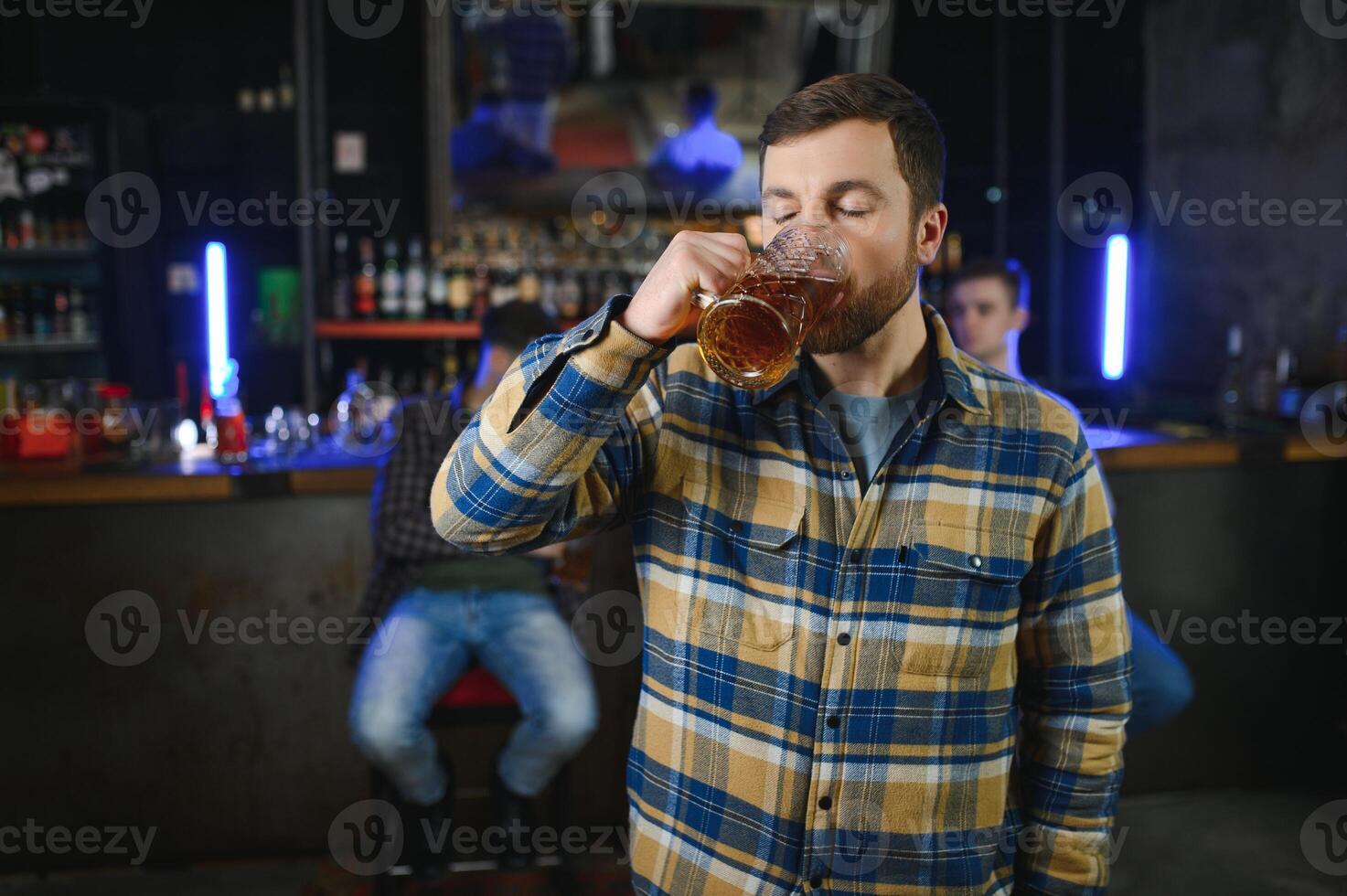 Night in bar. Portrait of cheerful men drinking beer at the bar photo