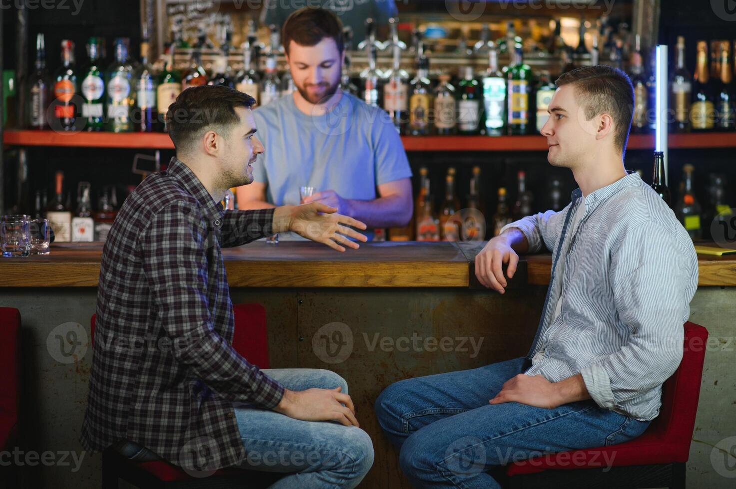 Two young men in casual clothes are smiling and talking while sitting at bar counter in pub photo