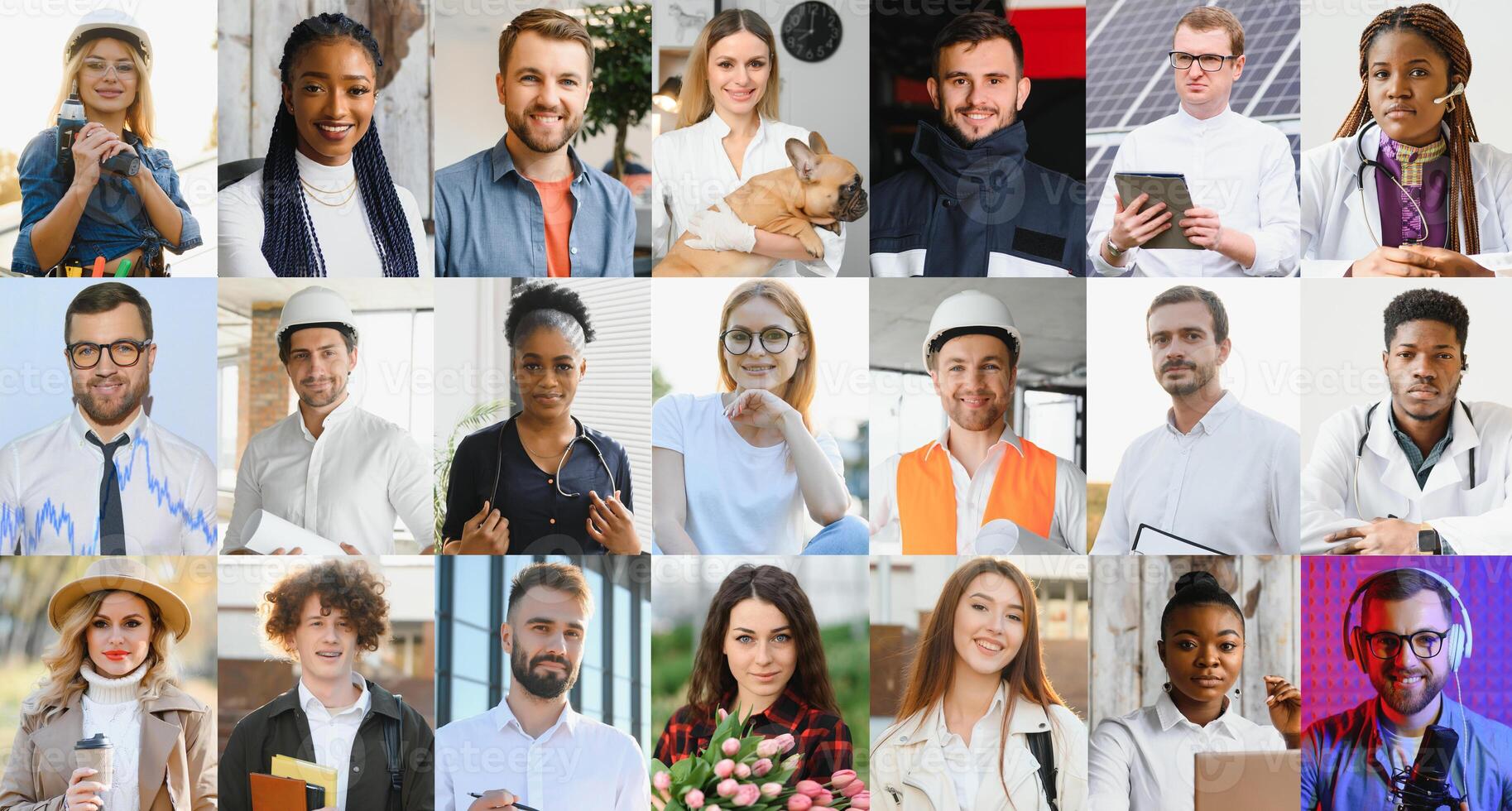 Many happy diverse ethnicity different young and old people group headshots in collage mosaic collection. Lot of smiling multicultural faces looking at camera. Human resource society database concept. photo