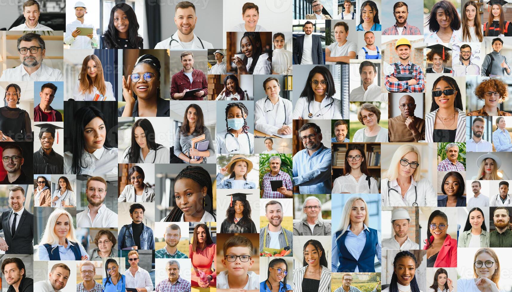 Many happy diverse ethnicity different young and old people group headshots in collage mosaic collection. Lot of smiling multicultural faces looking at camera. Human resource society database concept. photo