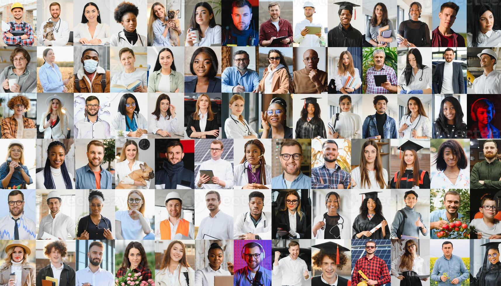 Hundreds of multiracial people crowd portraits headshots collection, collage mosaic. Many lot of multicultural different male and female smiling faces looking at camera. Diversity and society concept photo