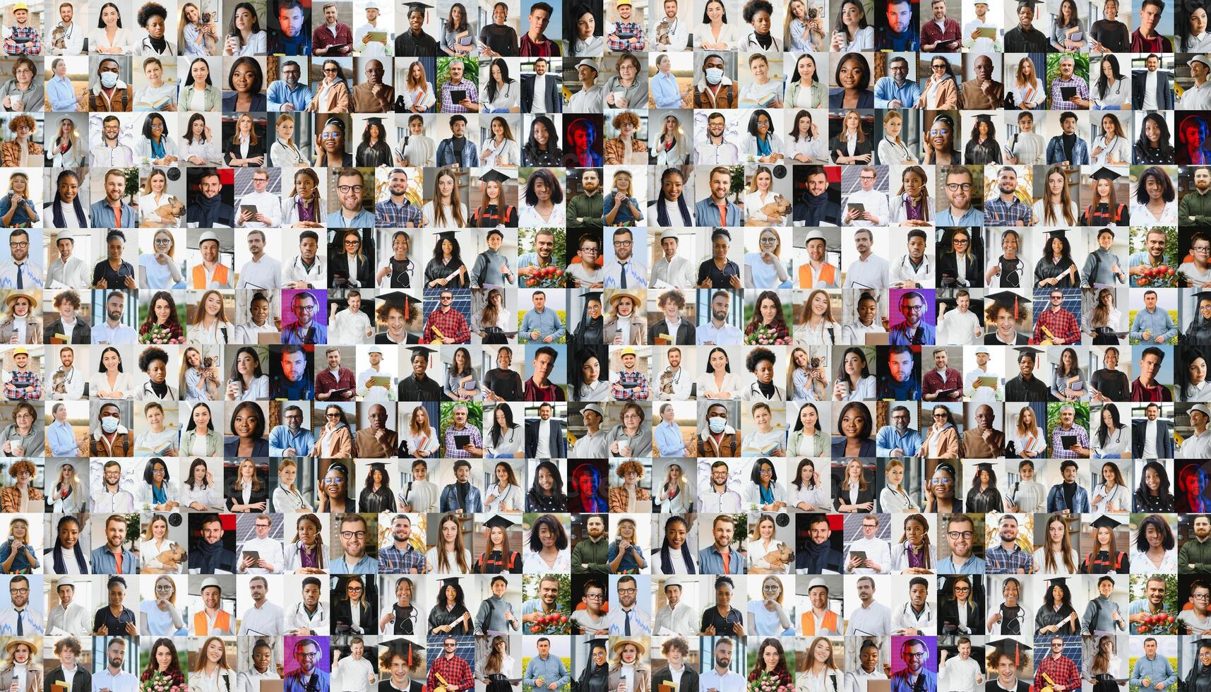 Hundreds of multiracial people crowd portraits headshots collection, collage mosaic. Many lot of multicultural different male and female smiling faces looking at camera. Diversity and society concept. photo