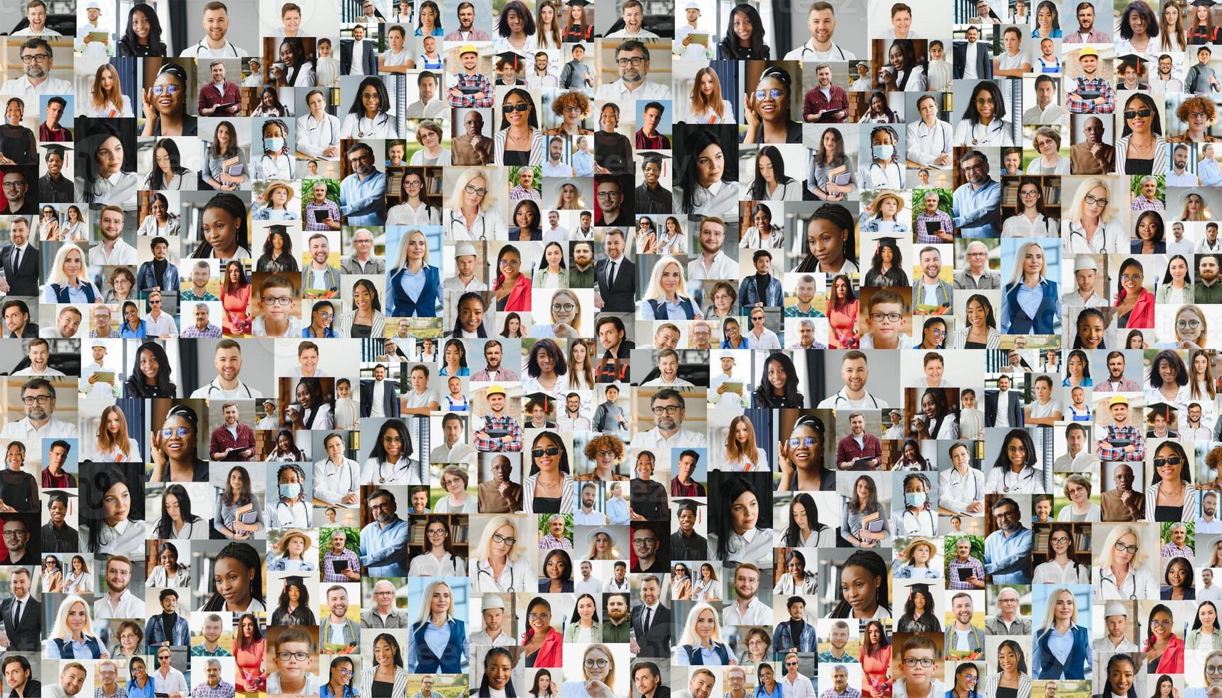 Multiracial people crowd portraits headshots collection, collage mosaic. Many lot of multicultural different male and female smiling faces looking at camera. Diversity and society concept photo
