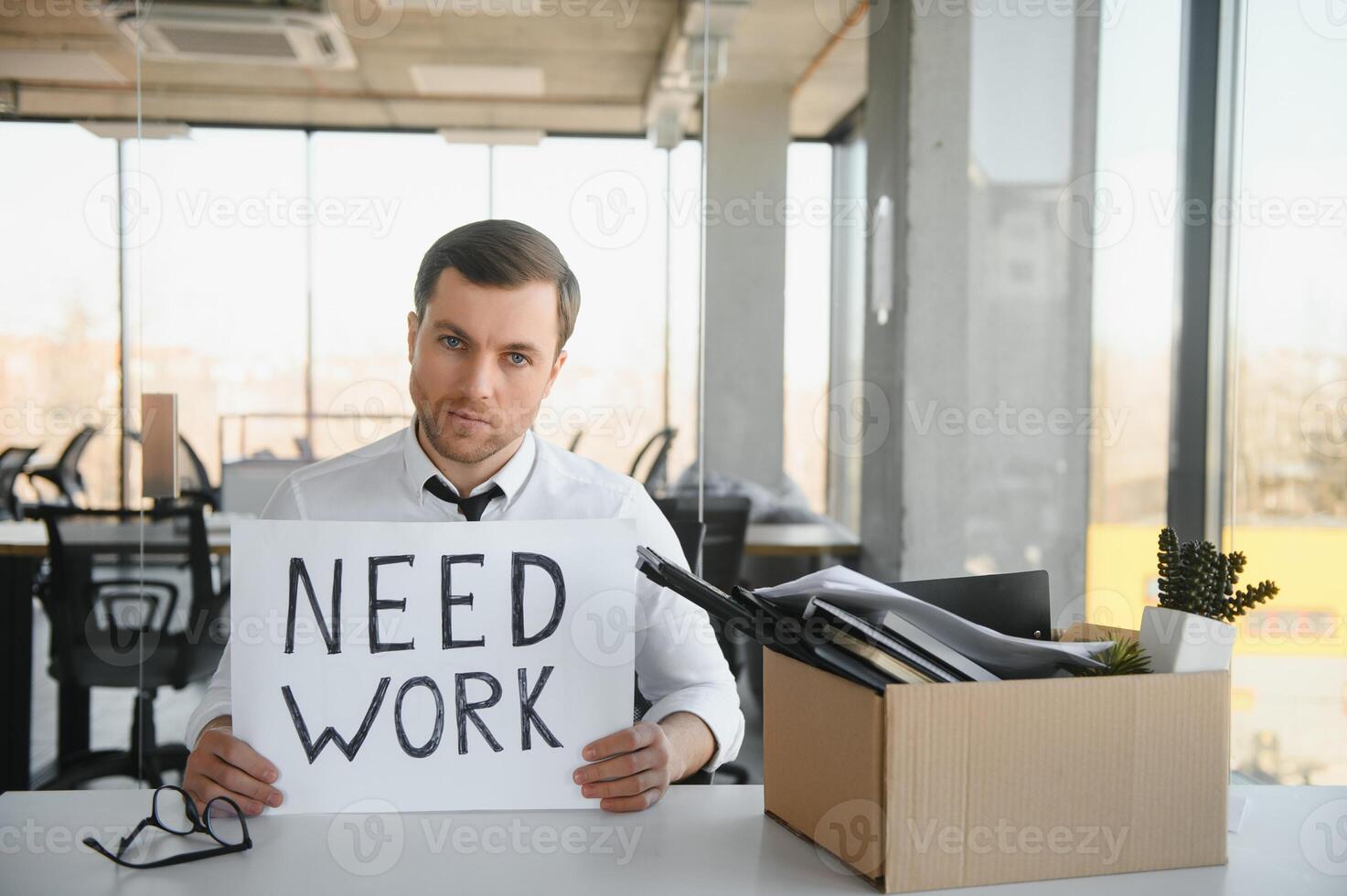 Professional looking for a job. Photo of unhappy worker mature guy financial crisis lost work hold carton placard banner search work place moody wear suit