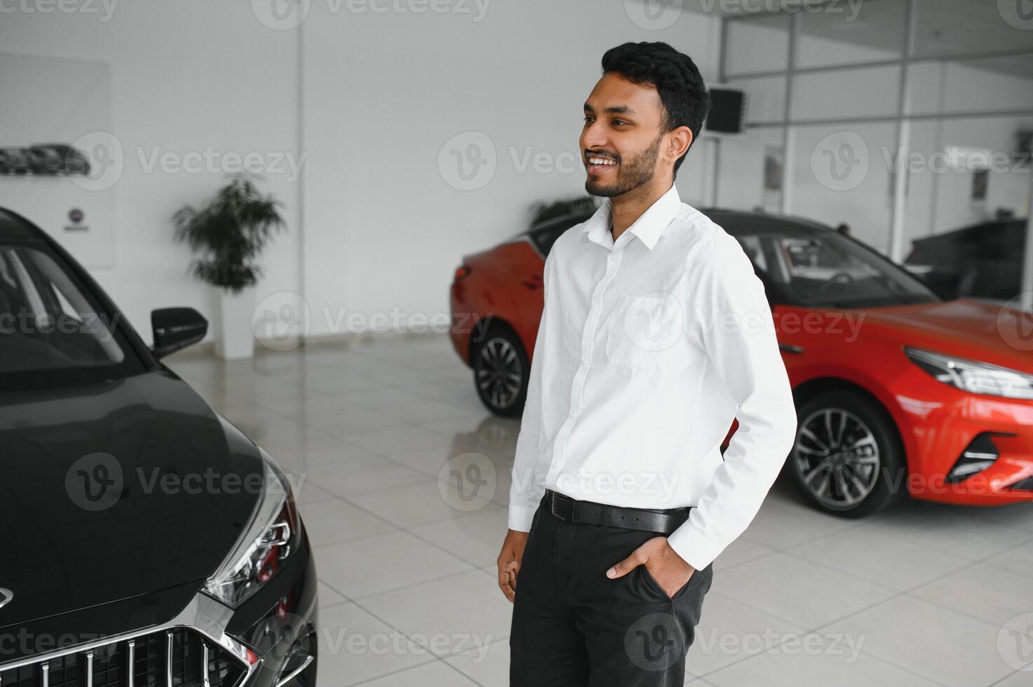 happy indian man buy new biodiesel eco automobile in lux showroom. photo