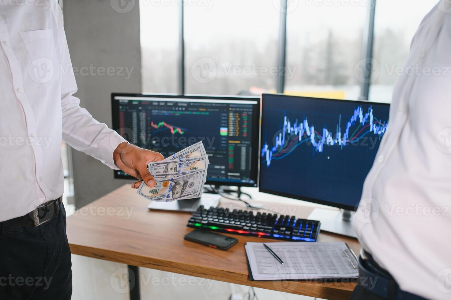 Businessman hand analysing financial stock market graph on board. Trading data index investment growth chart. Cryptocurrency and Forex Concept. photo