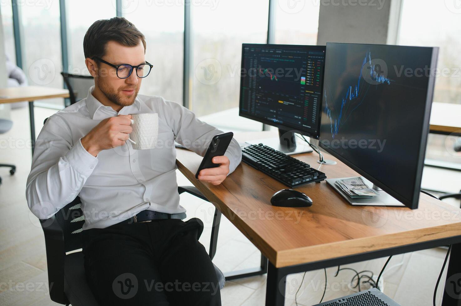 Successful trader in formalwear checking cryptocurrency information data on finance market graph, working in office photo