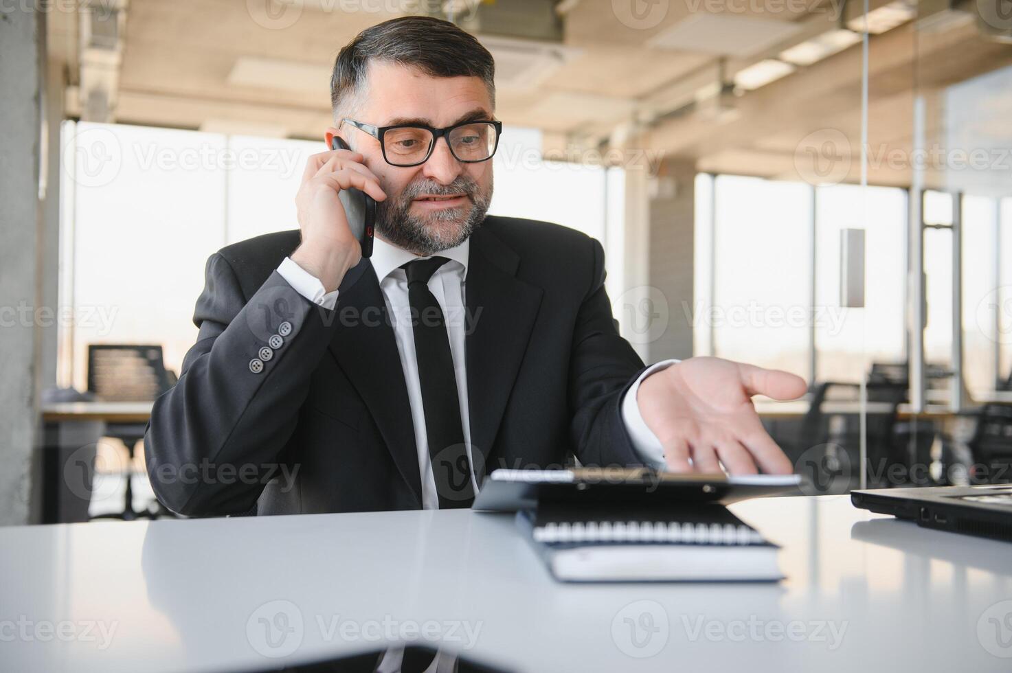 Corporate mad people yell authority tell speak with staff people person concept. Side profile view portrait of disappointed tired busy sad upset agent financier shouting on receiver in his hand photo