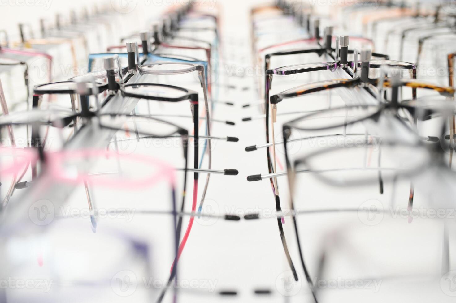 Image of glasses showcase at the modern optic shop, nobody photo