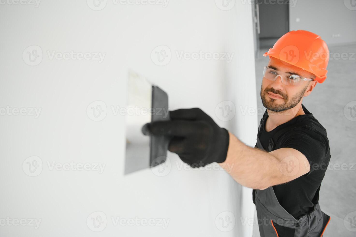 Male workers doing interior renovation in apartment. photo