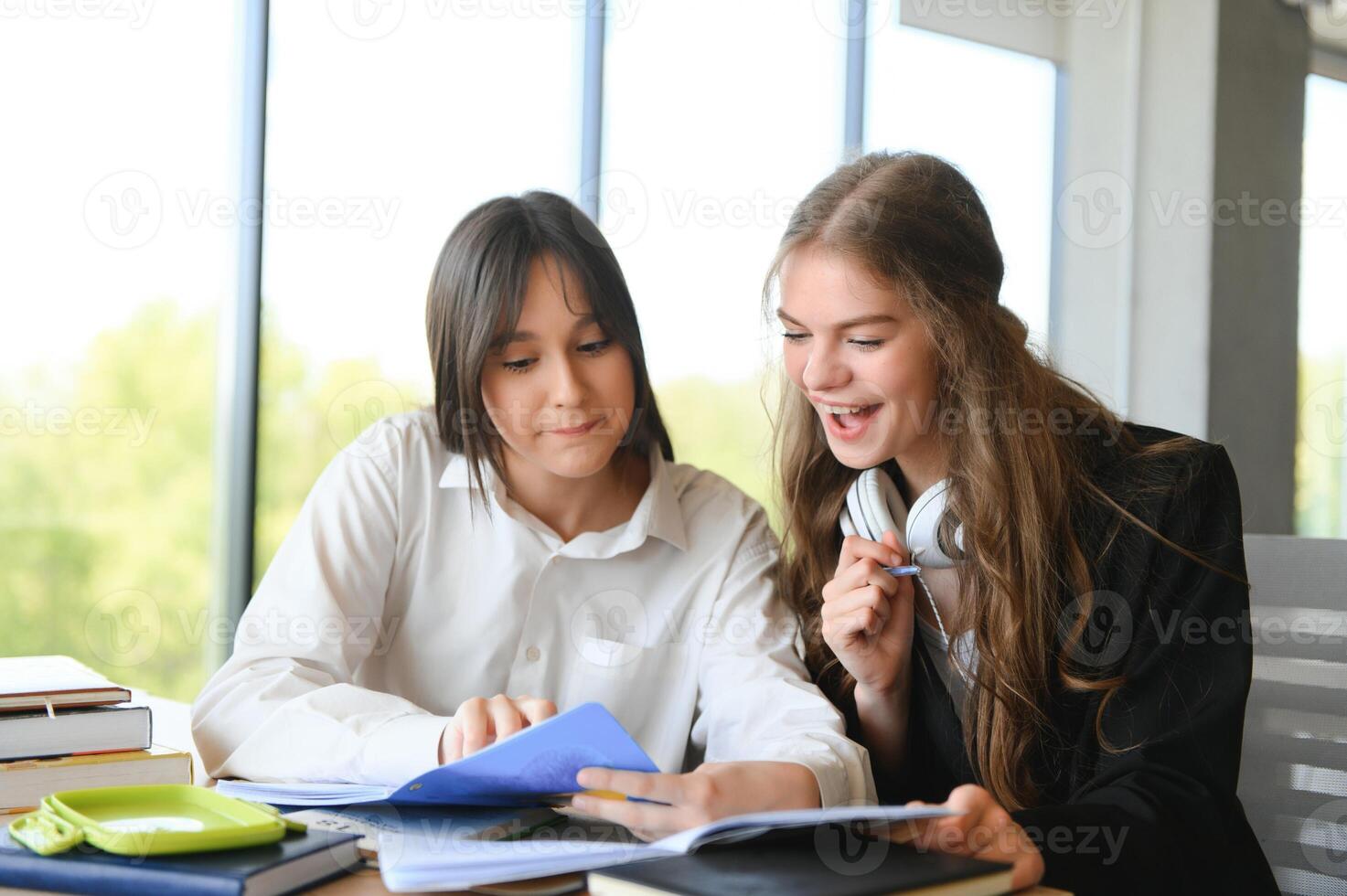 Smiling schoolgirls are talking about homework at the desk in the class. photo