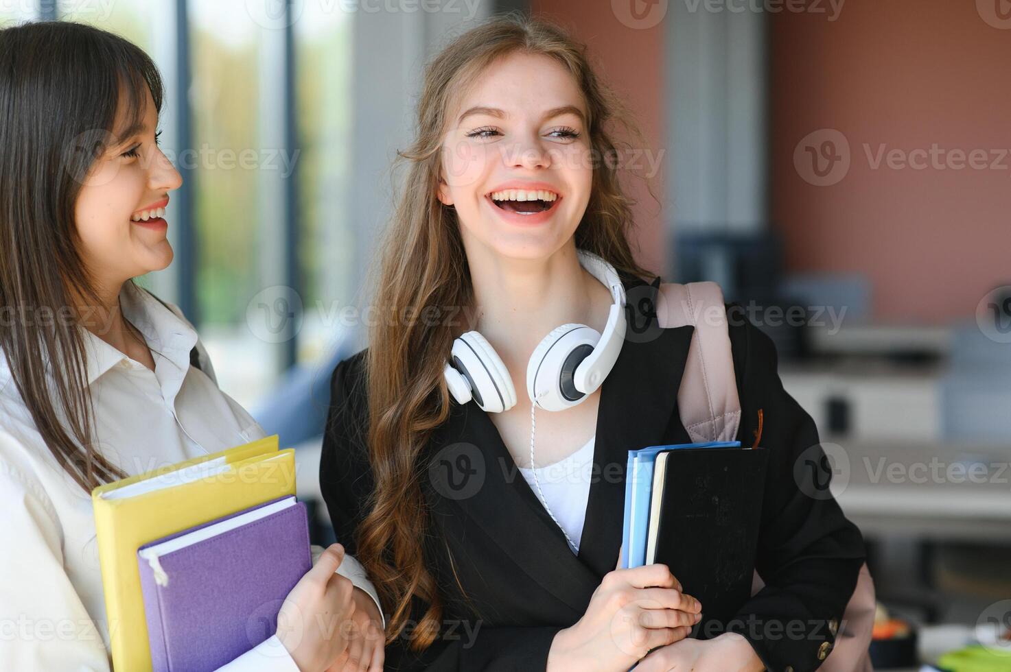 Smiling schoolgirls are talking about homework at the desk in the class. photo