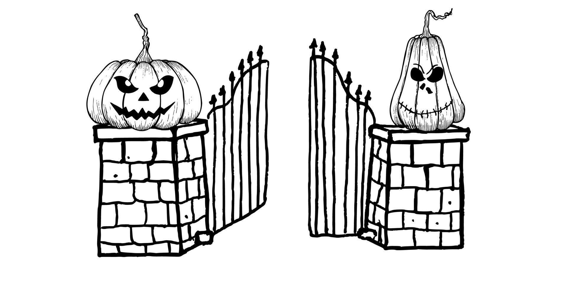 old abandoned cemetery gate with halloween scary pumpkins with black eyes. Hand painted linear fence illustration. Graphic monochrome tombstone art for tattoo, symbol of death, horror. Isolated vector