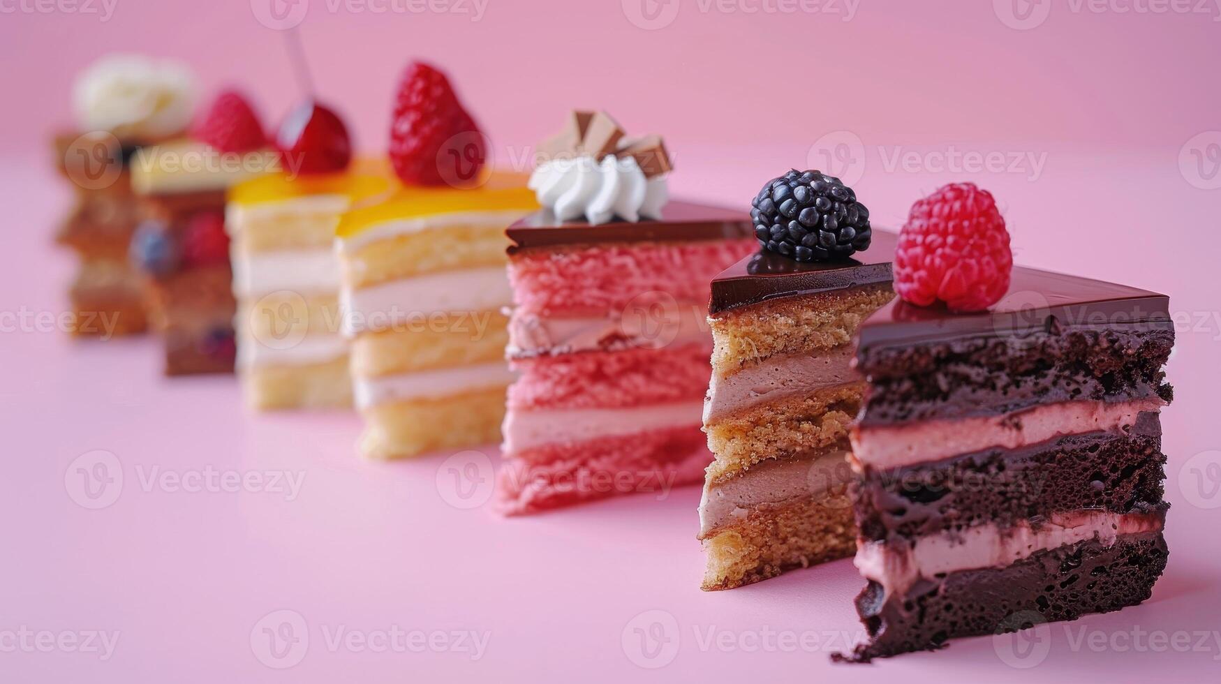 Assortment of Delicious Cakes With Berries on Pink Background photo