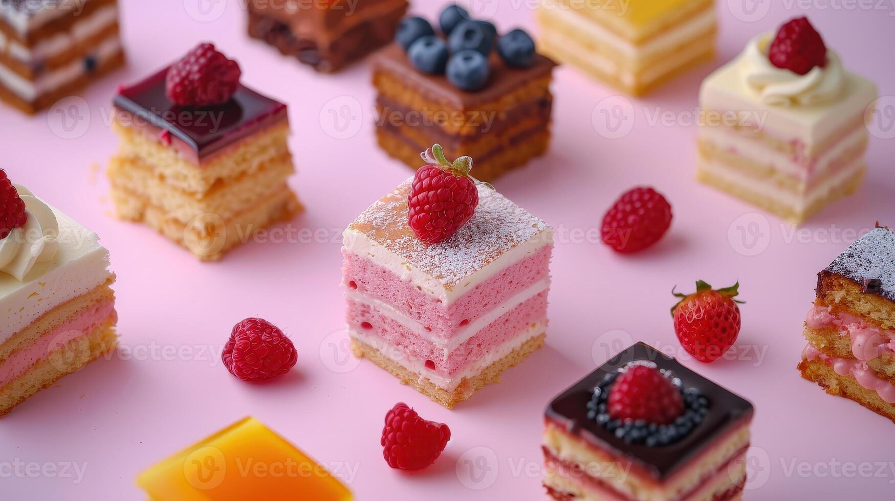 Assorted Mini Cakes With Raspberries and Blueberries on Pink Background photo