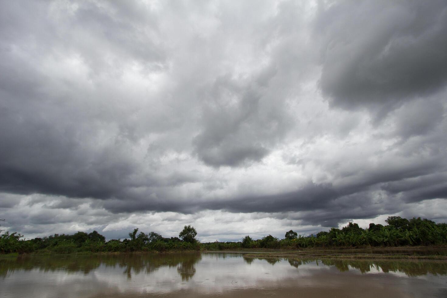 The rain clouds that are forming above the fields are rain clouds caused by storms that are resting moisture into the seasonal areas. The sky background is full of black clouds from thunderstorm. photo