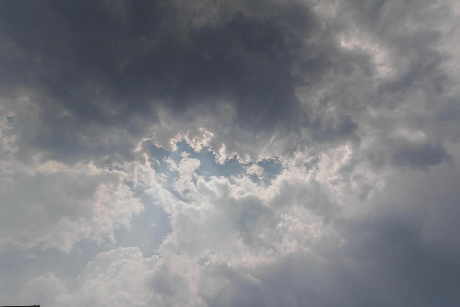 Black clouds in the sky in the rainy season are the formations of a rain storm in the evening. The background of the sky full of black dark rain clouds photo