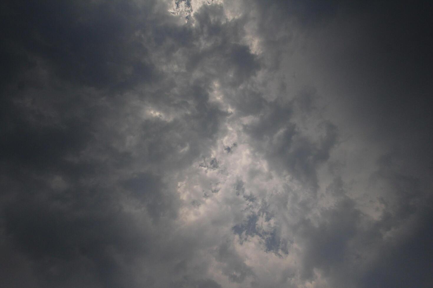 Black clouds in the sky in the rainy season are the formations of a rain storm in the evening. The background of the sky full of black dark rain clouds photo