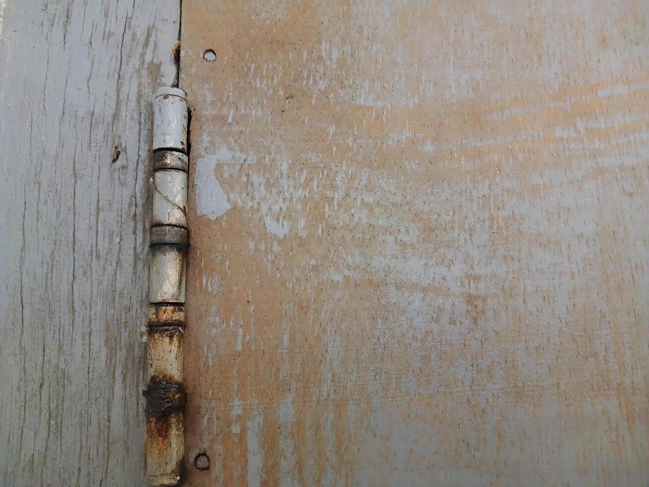 Rusty door hinges cut into the wooden door, connecting fasteners screwed in, construction parts. photo