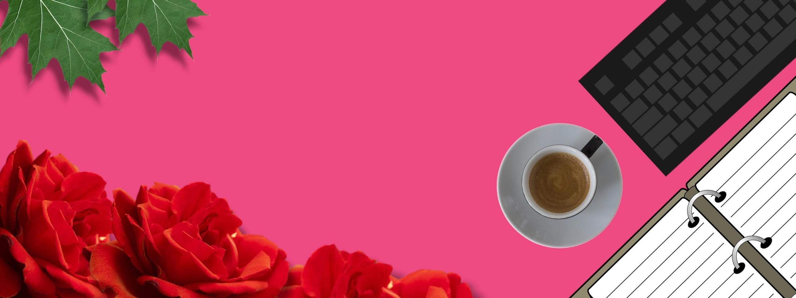Red flower frame, coffee and notebook. Spacy negative background is good for additional project design. photo