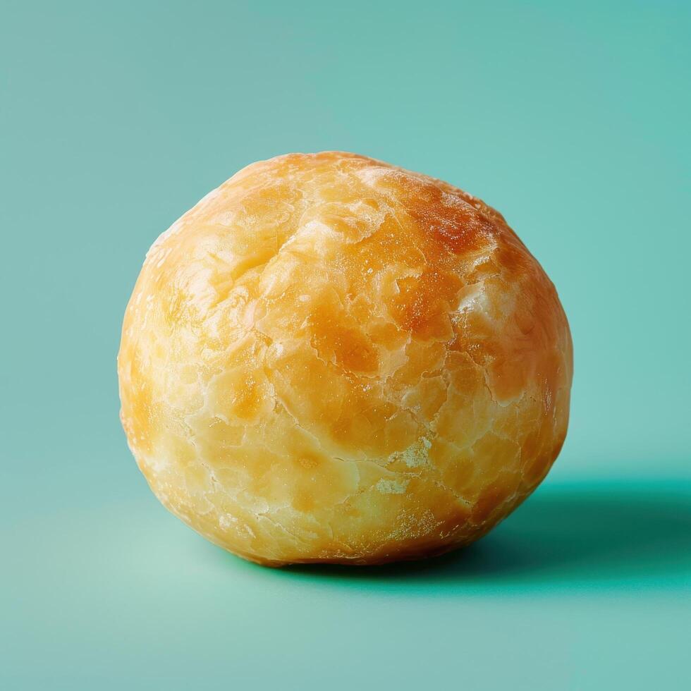 Scrumptious golden brown donut on a mint green background photo
