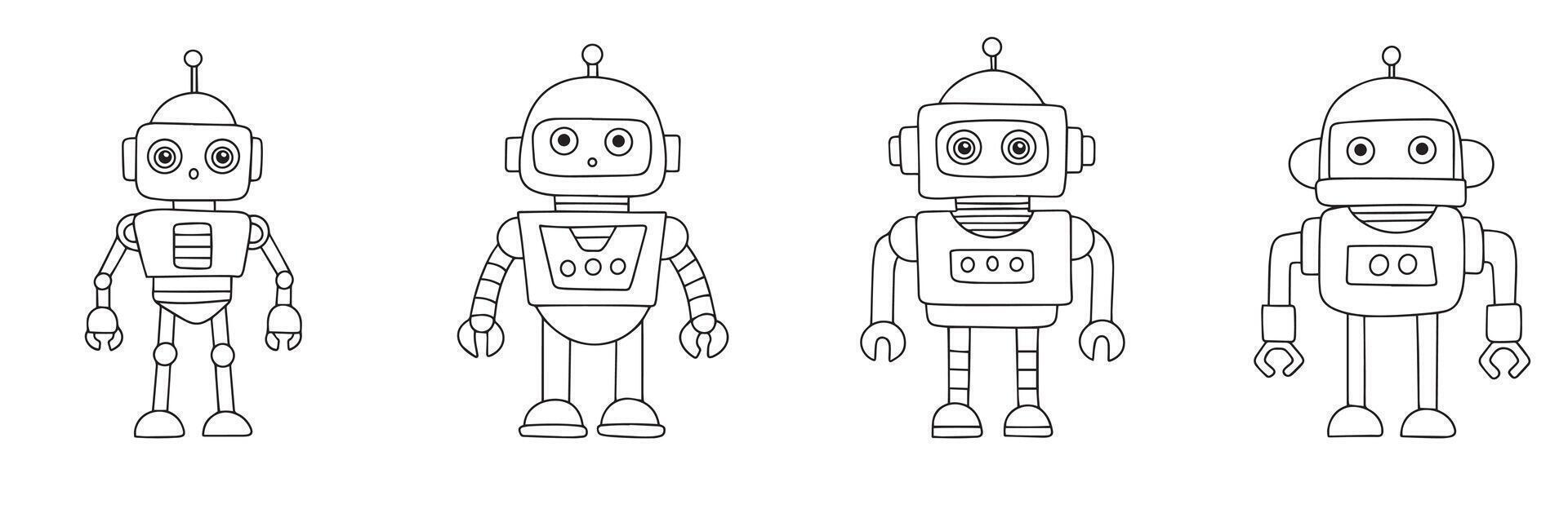 Collection of retro robots in doodle style. Hand drawn art. vector