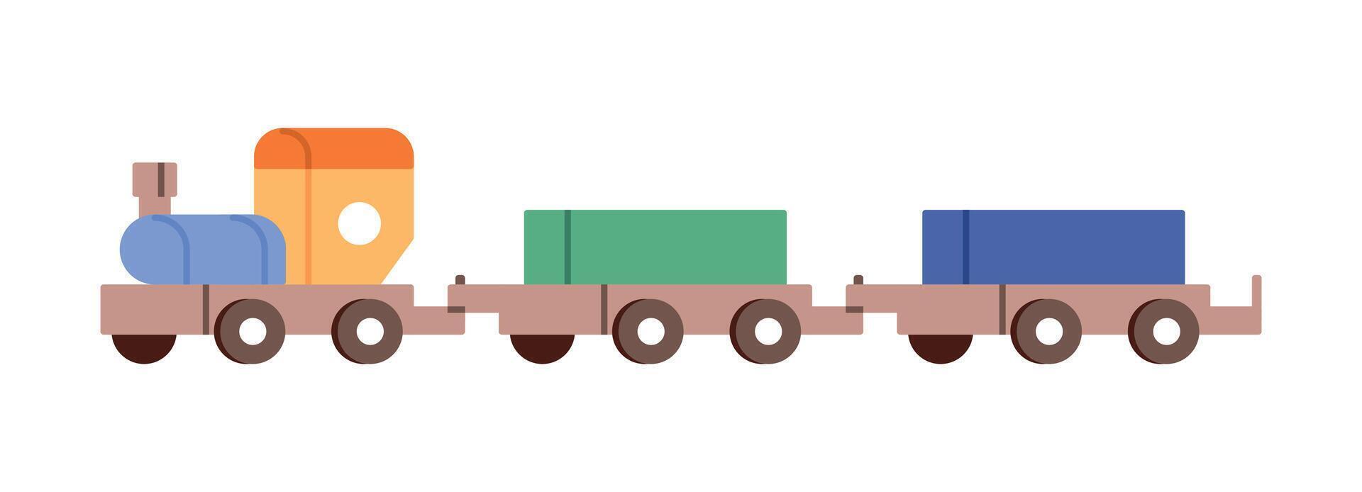 Kindergarten childish, preschool railway transport, toy train, wooden carriage, kids locomotive with wagons, retro railroad vehicle isolated on white background flat illustration. vector