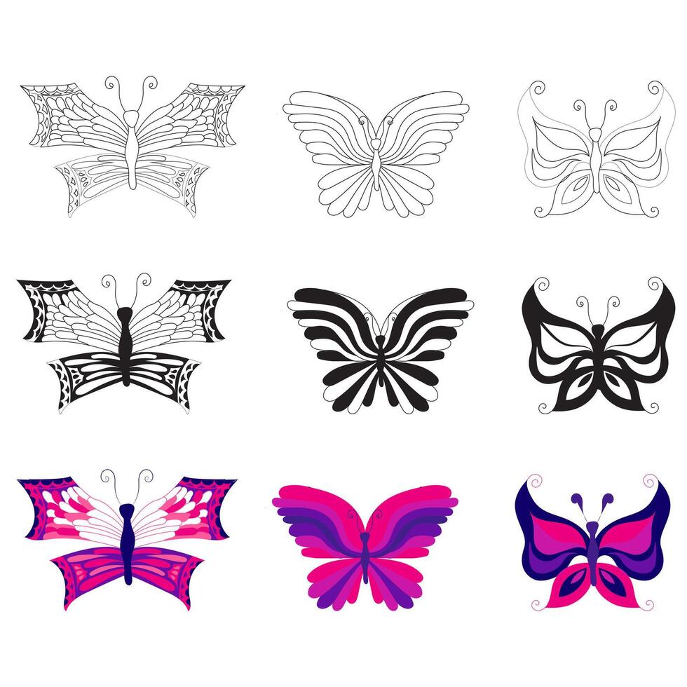 Set of butterflies in different flat, silhouette, doodle styles. illustration isolated on white background. vector