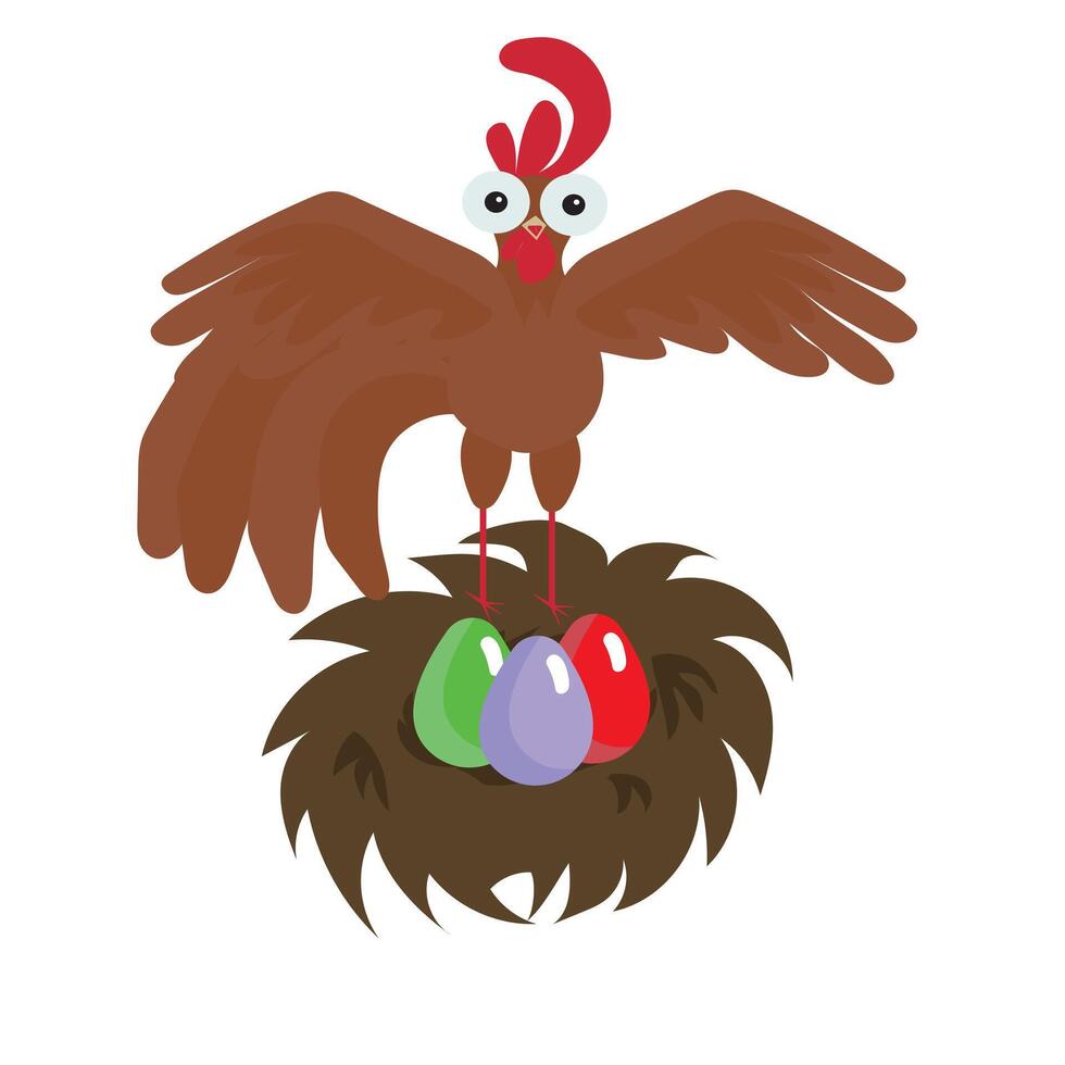 A funny cockerel sits on a nest with Easter eggs. illustration isolated on white background. vector